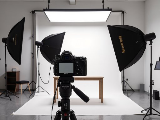 淮安海视觉电商服务有限公司办公环境，现代化工作室，专业摄影设备整齐摆放，团队成员正在工作